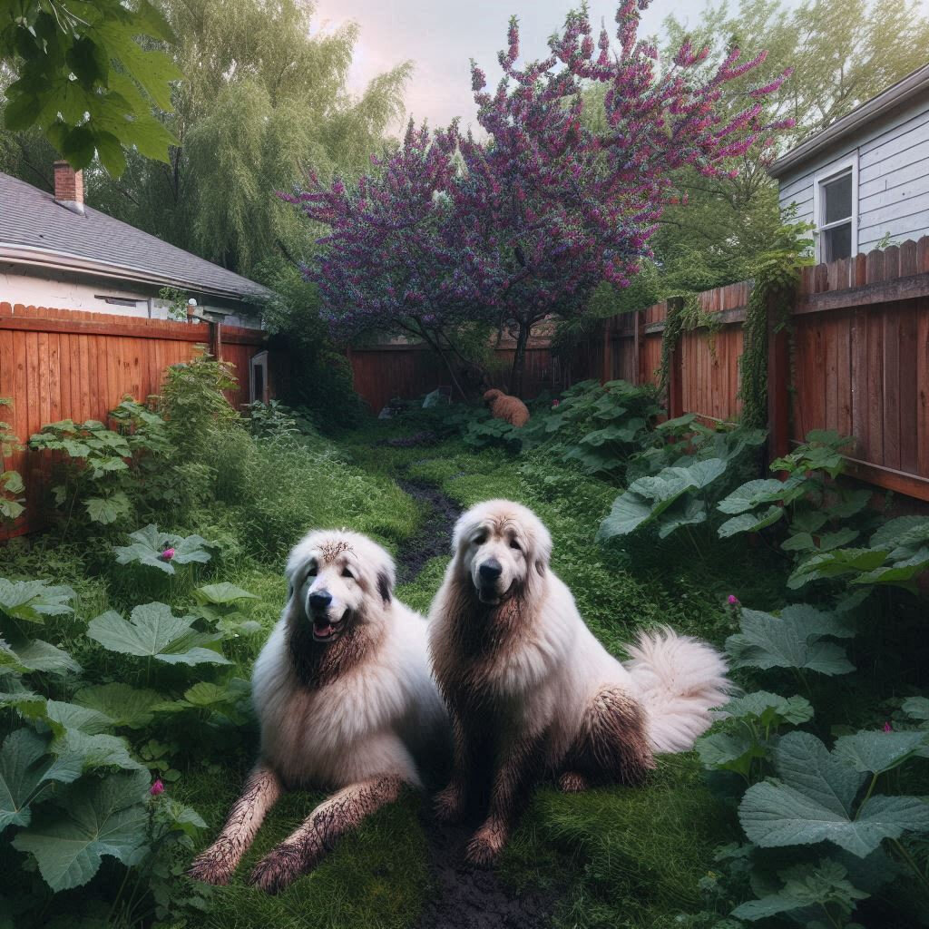 AI backyard image of unkempt yard with two muddy Great Pyrenees